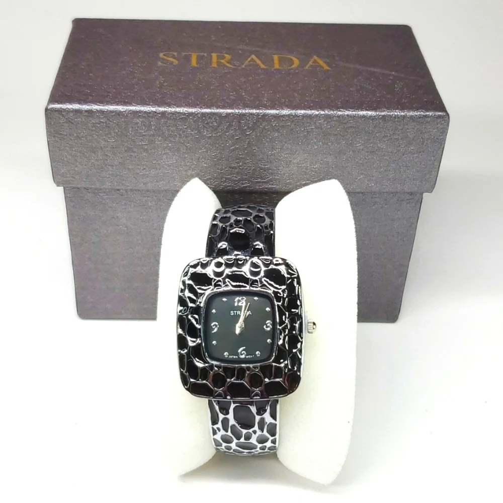 Strada Black Enameled Japanese Movement Open Bangle Watch Stainless Steel